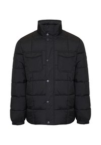 Schwarze gepolsterte Jacke mit hohem Kragen, Knopfverschluss und zwei vorderen Taschen. Glatte Textur und gestepptes Design über die gesamte Jacke.