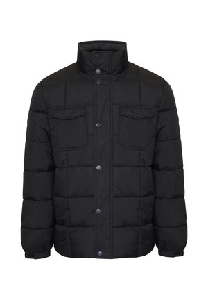 Schwarze gepolsterte Jacke mit hohem Kragen, Knopfverschluss und zwei vorderen Taschen. Glatte Textur und gestepptes Design über die gesamte Jacke.
