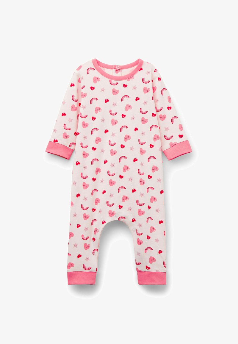 Grenouillère pour bébé rose et blanche à manches longues, avec des poignets roses et un motif de cœurs, d'étoiles, d'arcs-en-ciel et de ballons aux visages souriants.