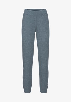 Gray fleece joggers with a soft texture, elastic waistband, and tapered legs. Features white printed logo detail on the lower leg.