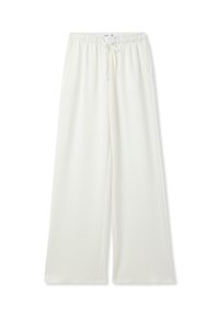 Pantaloni bianchi a gamba larga realizzati in un tessuto morbido. Coulisse in vita elastica, con tasche laterali e un motivo tessile sottile.