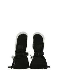 Muffole nere isolate con accenti bianchi, caratterizzate da un materiale esterno testurizzato, cinturini regolabili e un'etichetta con il logo sul polsino.
