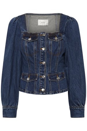 Veste en denim avec manches longues bouffantes, encolure carrée, boutons métalliques à l'avant, et poches à rabat boutonnées sur la poitrine et les hanches.