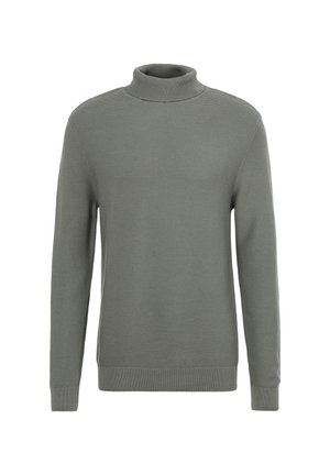 Grüner, gerippter Strickrollkragenspullover mit langen Ärmeln und einem enganliegenden Saum. Hat ein strukturiertes Muster für zusätzlichen visuellen Reiz.