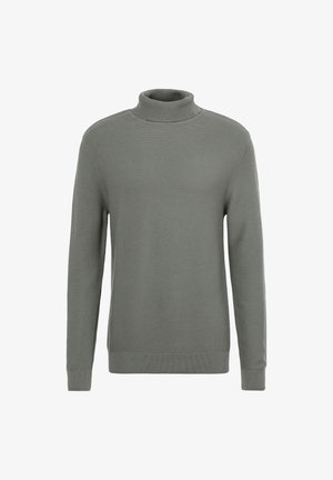 Green ribbed knit turtleneck sweater with long sleeves and a fitted hem. Features a textured pattern for added visual interest.