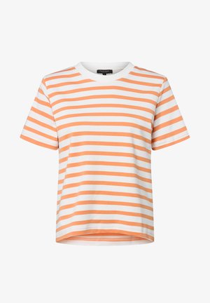 Short-sleeve t-shirt made of cotton, featuring orange and white horizontal stripes, round neckline, and a straight hemline.