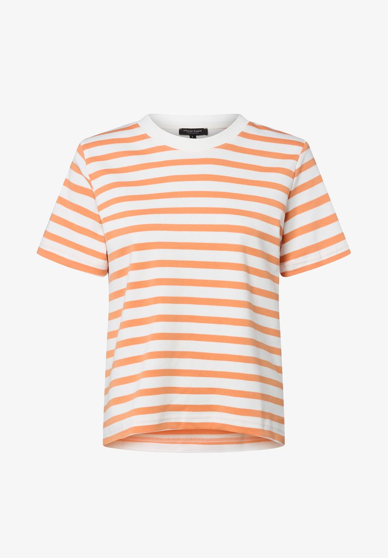 Kurzärmeliges T-Shirt aus Baumwolle mit orange-weißen horizontalen Streifen, Rundhalsausschnitt und geradem Saum.