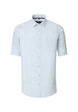 Kurzarm-Hemd in Hellblau mit weißen Streifen, ausgestattet mit einer Brusttasche und einem klassischen Kragen. Hergestellt aus atmungsaktivem Stoff.