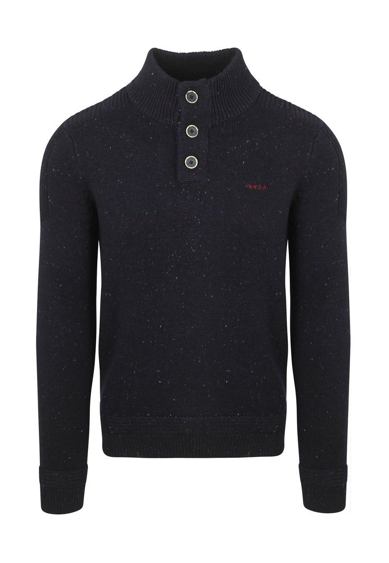 Marineblauwe sweater met een hoge geribbelde kraag, drie knopen bij de hals en een gestructureerde textuur. Strak model met geribbelde manchetten en onderrand.