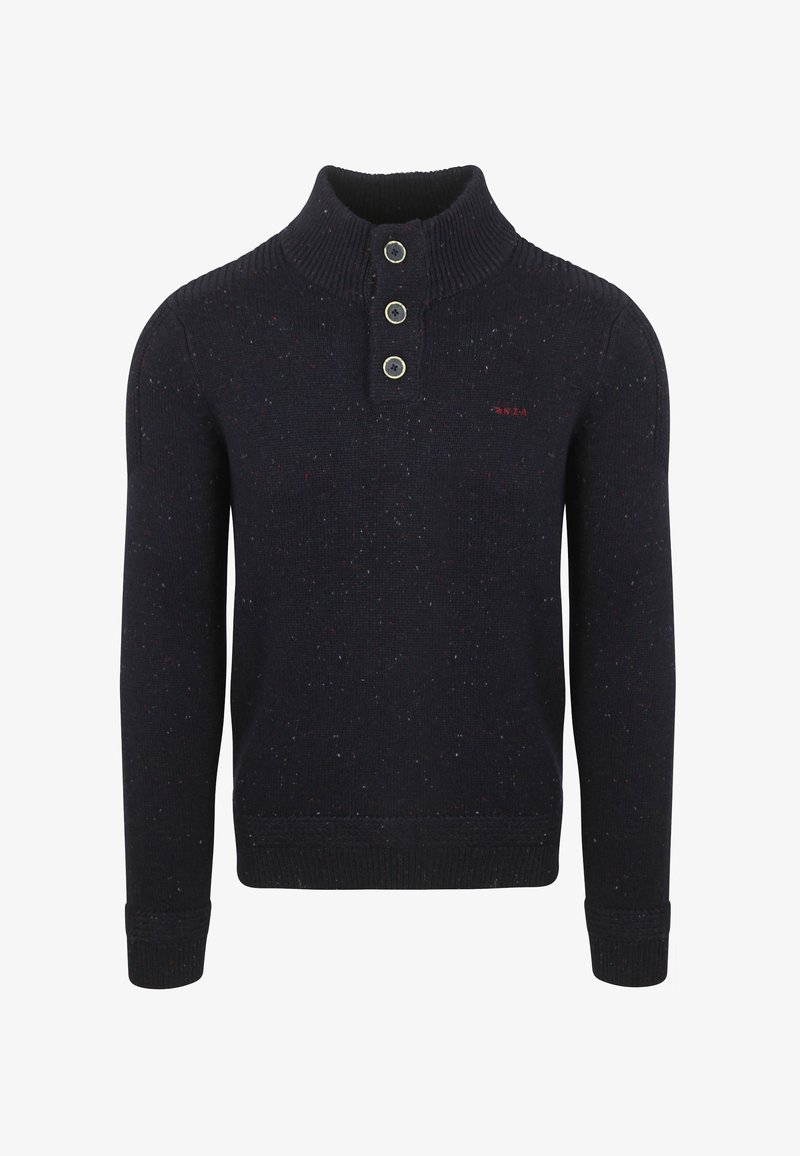 Marineblauwe sweater met een hoge geribbelde kraag, drie knopen bij de hals en een gestructureerde textuur. Strak model met geribbelde manchetten en onderrand.