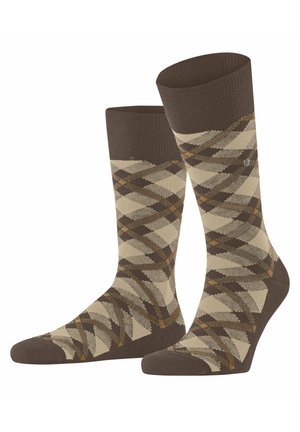 Braune und beige Argyle-Muster Crew-Socken mit verstärkten Zehen und Fersen, nebeneinander auf weißem Hintergrund dargestellt.