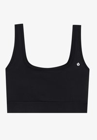 Melnā sporta krūšturis ar plašu, izliekta kakla izgriezumu, biezām siksnām un joslu apakšā. Uz kreisās puses ir mazs balts logotips.