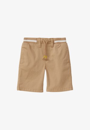 Beżowe szorty z bawełny o luźnym kroju, z elastycznym paskiem na sznurku i paskiem w paski. Dwie boczne kieszenie i gładka tekstura.