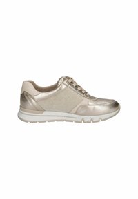 Fémes arany színű sneaker sima felsőrésszel, hálós részletekkel és fehér gumitalppal. Kerek orrú kialakítás, párnázott nyakkal. Fűző a záródásért.