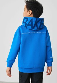 Blauwe hoodie met een groot logo op de capuchon, tekst "BAKE" en "GESTICHT IN ACHTTIEN ACHTENTIG" gedrukt op de achterkant. Zachte stof, losse pasvorm.