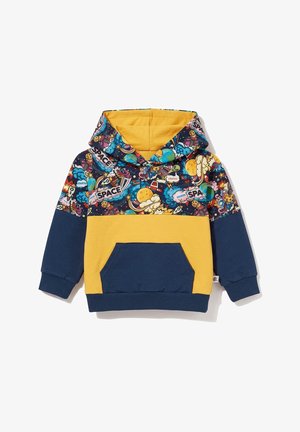 Dziecięca bluza z kapturem z kolorowym nadrukiem w kosmicznym stylu na górze, żółtym środkowym panelem oraz granatowymi rękawami i kieszenią.