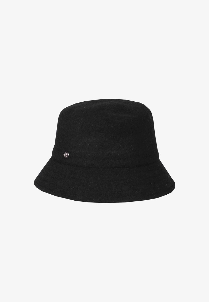 Svart mössa av ull med rund krone, bred nedåtslutande brätte, och en liten silverlogotypdetalj på sidan. Mjukt material.