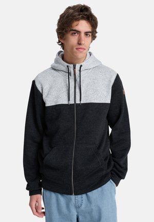 Grey and black zip-up hoodie with a two-tone design, featuring a soft texture, adjustable drawstring hood, and front pockets.