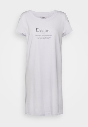 White cotton nightgown with a rounded neckline and short sleeves. Features printed definition of "Dream" in dark grey text.