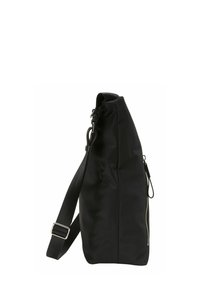 Borsa a tracolla nera con tracolla regolabile e tasca con zip verticale, mostrata di lato su uno sfondo bianco.