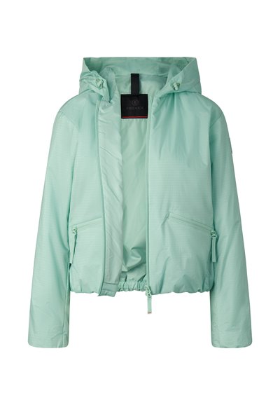 Light mint green cropped jacket with hood, front zipper, and zippered side pockets, displayed open to show smooth interior lining.