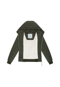 Olivgrön jacka med dragkedja fram och huva, med ett vitt foder och ribbade ärmslut. Inkluderar en logotagg på insidan.