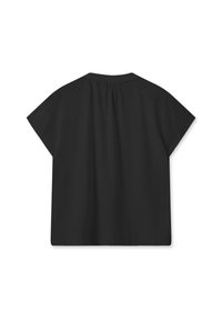 Black, short-sleeve top with a relaxed fit. Features a round neck and subtle pleat detail at the back. Smooth fabric texture.