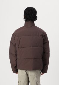 Doudoune marron avec un col haut, des sections matelassées horizontales et une coupe décontractée, associée à un pantalon cargo gris clair.