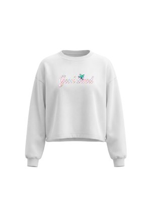 Felpa corta bianca con testo colorato "Good Vibes" e piccolo motivo di palma sul petto, con maniche lunghe e polsini a costine.
