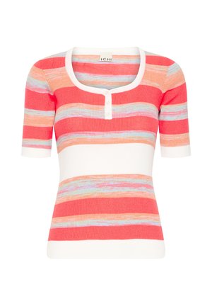 Kortærmet ribstrikket top med koral, hvid, orange og blå vandrette striber samt en hvid rund halsudskæring med knapper.