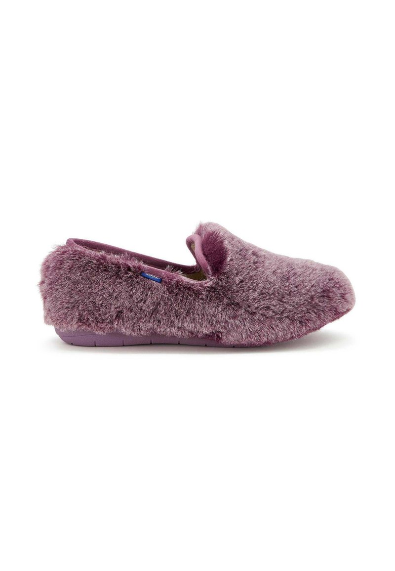 Purple fur-lined slipper with a soft texture, rounded toe, and flexible sole. Features a slip-on design and low profile.