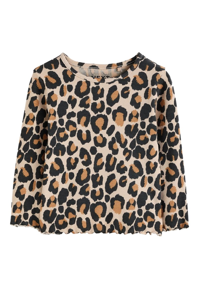 Leopard print top with ribbed texture, featuring black and orange spots on a beige background. Round neckline and cropped hem.