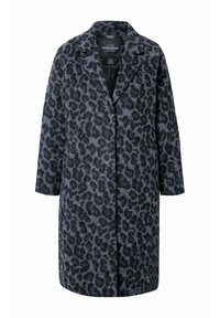Cappotto in stampa leopardata nelle tonalità di grigio, con colletto a rever, maniche lunghe e taglio dritto, realizzato in un morbido tessuto testurizzato.