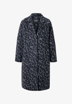 Luipaardprint jas in grijstinten, met een uitgesneden kraag, lange mouwen en een rechte snit, gemaakt van zachte, gestructureerde stof.