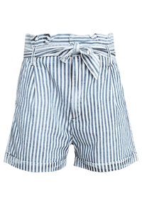 Spodenki w paski w kolorze granatowym i białym wykonane z mieszanki bawełny, wyposażone w wiązanie w pasie, plisowany przód, podwinięte brzegi i luźny krój.