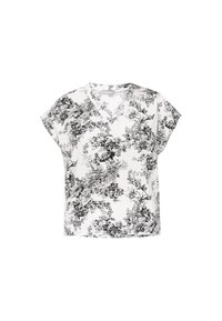 Blusa a stampa floreale in bianco e nero, realizzata in tessuto leggero, con scollatura a V, maniche corte e vestibilità ampia.
