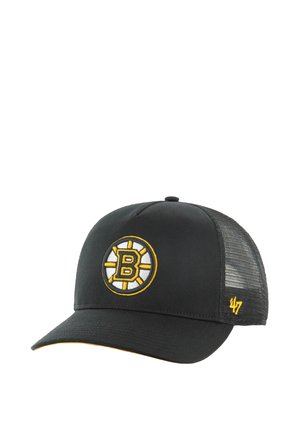 Schwarze Baseballkappe aus Mesh mit einem gelb-weißen Boston Bruins-Logo auf der Vorderseite und einer kleinen gelben „47“ an der Seite.