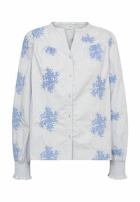 Camicia azzurra chiaro con bottoni in tessuto bianco, caratterizzata da ricami floreali blu a rilievo e polsini arricciati. Design con colletto classico.