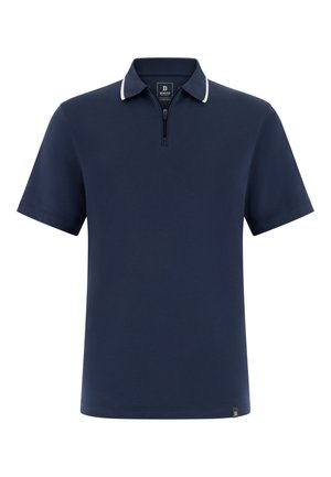 Navyblauw poloshirt met korte mouwen, witte bies aan de kraag en een voorrits, voorzien van een klein logolabel aan de onderzoom.