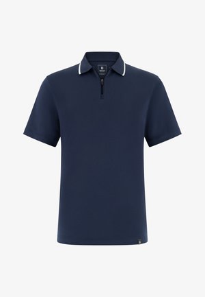 Navyblauw poloshirt met korte mouwen, witte bies aan de kraag en een voorrits, voorzien van een klein logolabel aan de onderzoom.