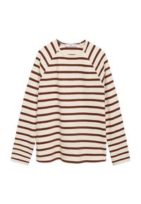 Long-sleeved top in cream with thick brown horizontal stripes, featuring a rounded neckline and raglan sleeves, made from a soft fabric.