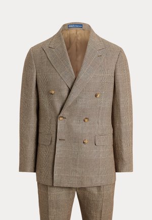 Veston croisé pour homme et pantalon assorti en motif à carreaux Glen beige et marron par Polo Ralph Lauren.