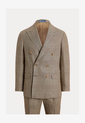 Blazer bărbătesc cu două rânduri de nasturi și pantaloni asortați în model Glen bej și maro de la Polo Ralph Lauren.