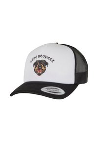 Fekete-fehér snapback sapka, hálós hátsó résszel, hímzett Rottweiler arccal és a "Igazi Tisztelet" felirattal a tetején.