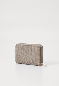 Rectangular wallet in woven taupe material, featuring a gold zipper and accent. Smooth texture with a subtle, patterned surface.