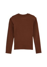 Camisa térmica de manga larga marrón con textura acanalada, cuello redondo y detalles reforzados en los hombros. Diseño sencillo sin patrones.