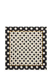 Czarny i kremowy szalik w dużą kropkę, obramowany złotą linią i o teksturowanym wykończeniu.