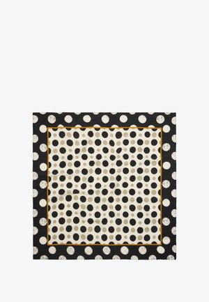 Czarny i kremowy szalik w dużą kropkę, obramowany złotą linią i o teksturowanym wykończeniu.