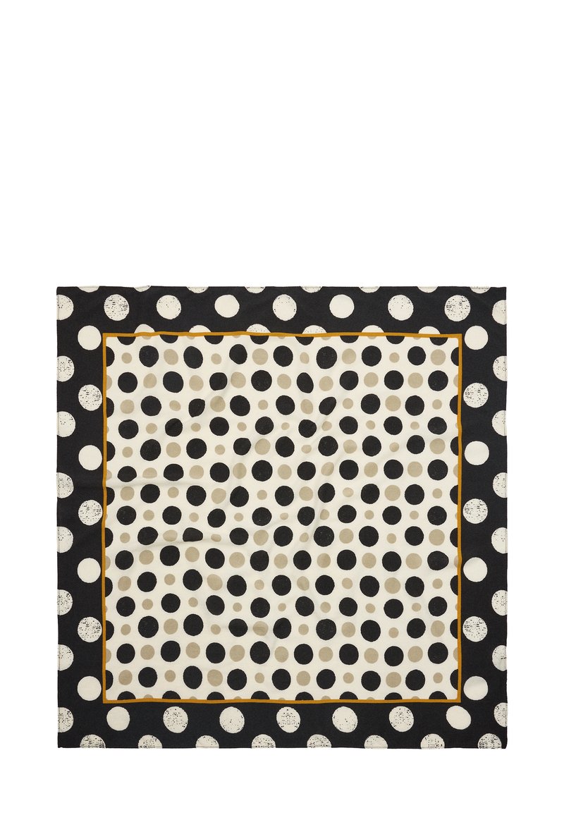 Czarny i kremowy szalik w dużą kropkę, obramowany złotą linią i o teksturowanym wykończeniu.