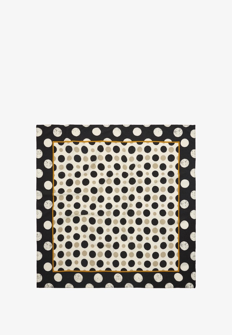 Czarny i kremowy szalik w dużą kropkę, obramowany złotą linią i o teksturowanym wykończeniu.